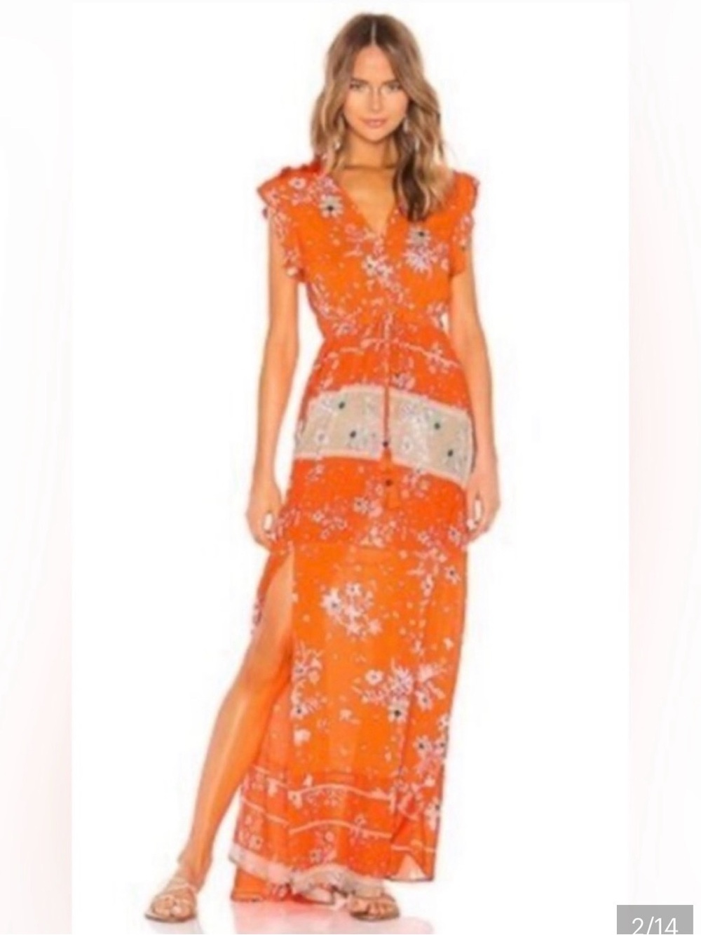 Maaji Orange Floral Maxi Dress with V-Neck & Side Slit Size Medium